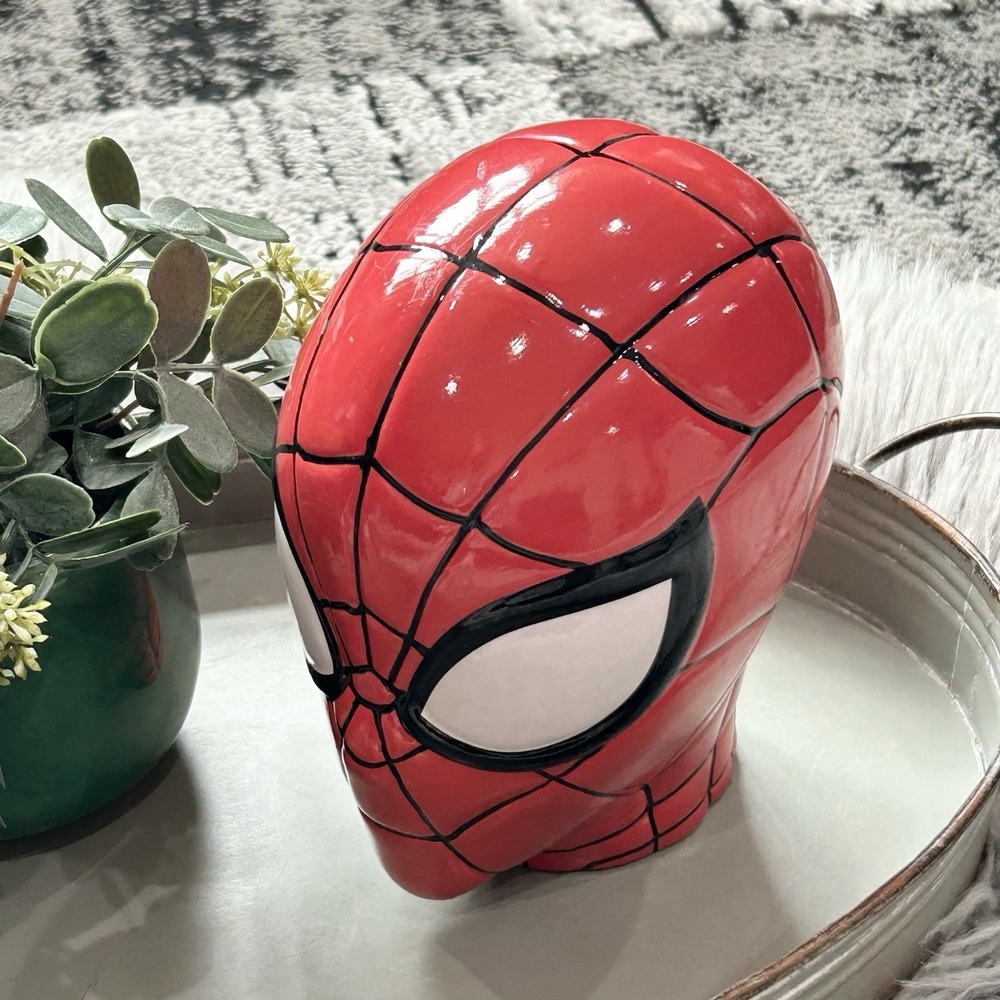 Spider-Man Head Ceramic Coin Bank 7"‎ X 6" X 5". Includes Coin Plug Used & Clean